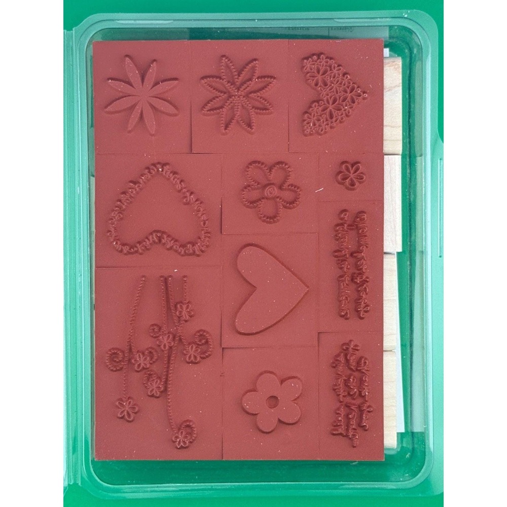 Stampin Up Heartfelt Thanks Retired 10pc Floral Heart Rubber Stamp Set 2005